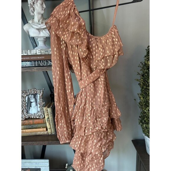 ROCOCO SAND Aine One Shoulder Belted Mini Dress Tan Womens Size Small - Picture 8 of 9